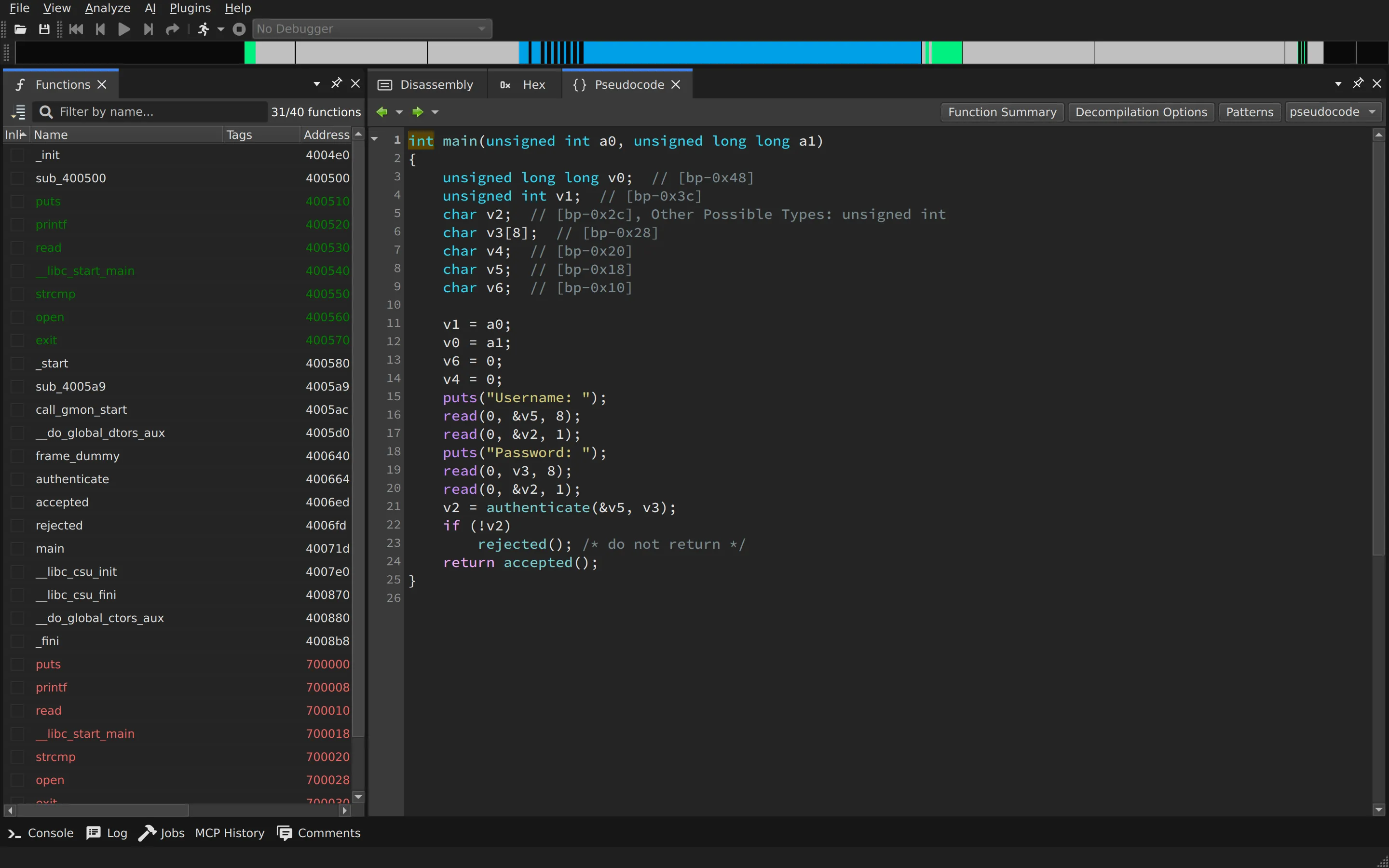 angr-management decompilation view of fauxware built from C