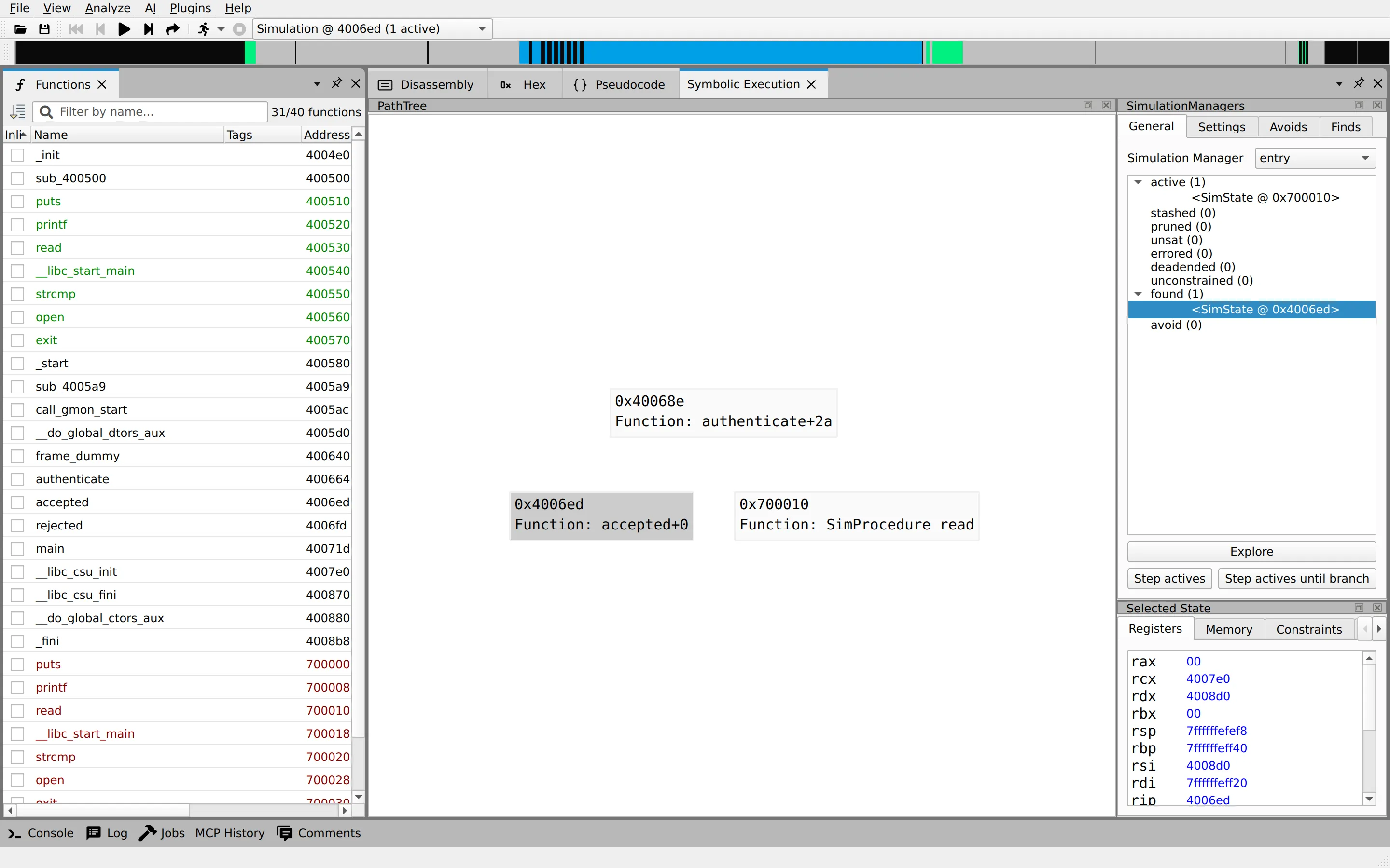 angr-management symbolic execution view of fauxware built from C