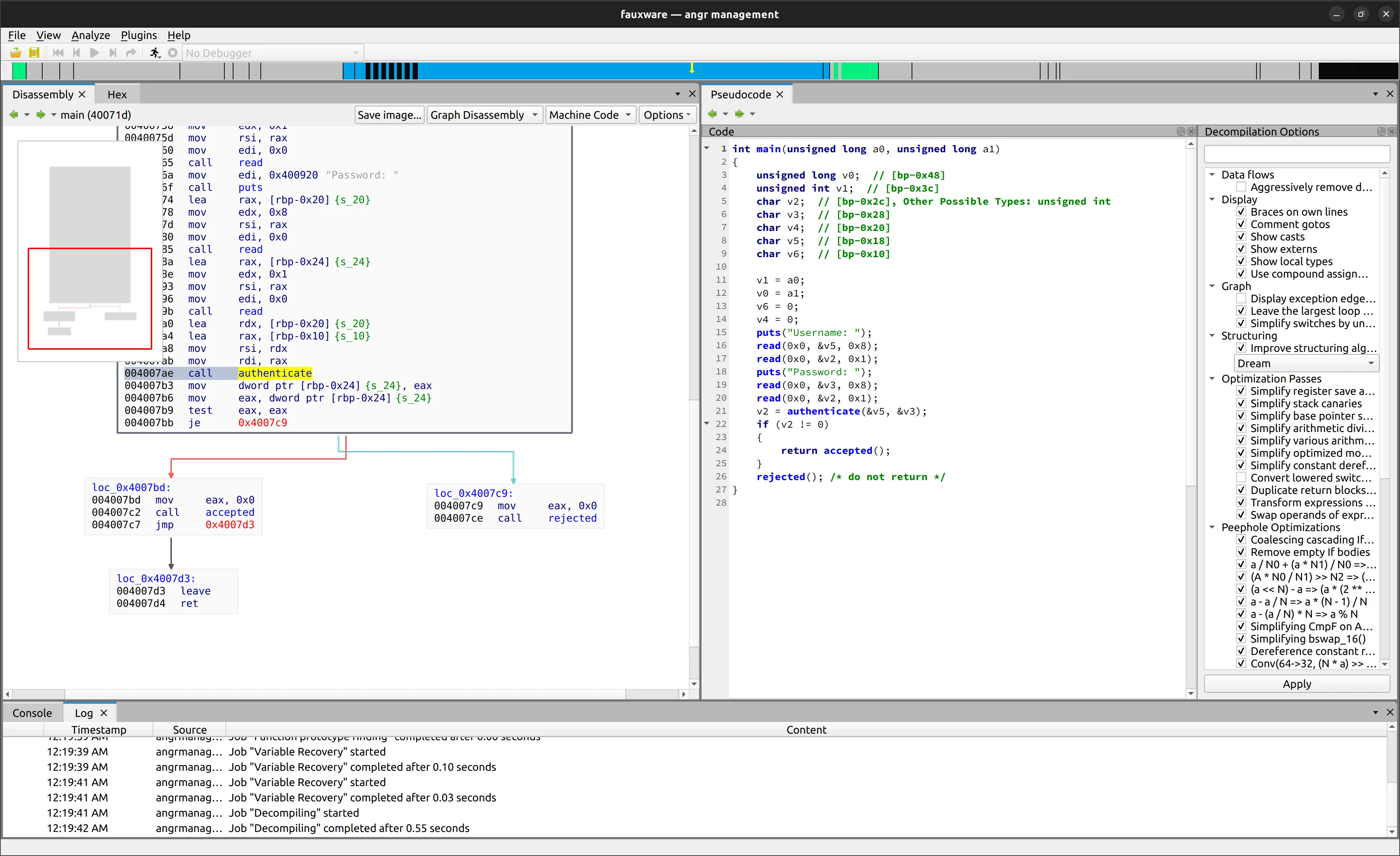 angr-management showing decompiled C pseudocode beside a control-flow graph with selectable optimization passes