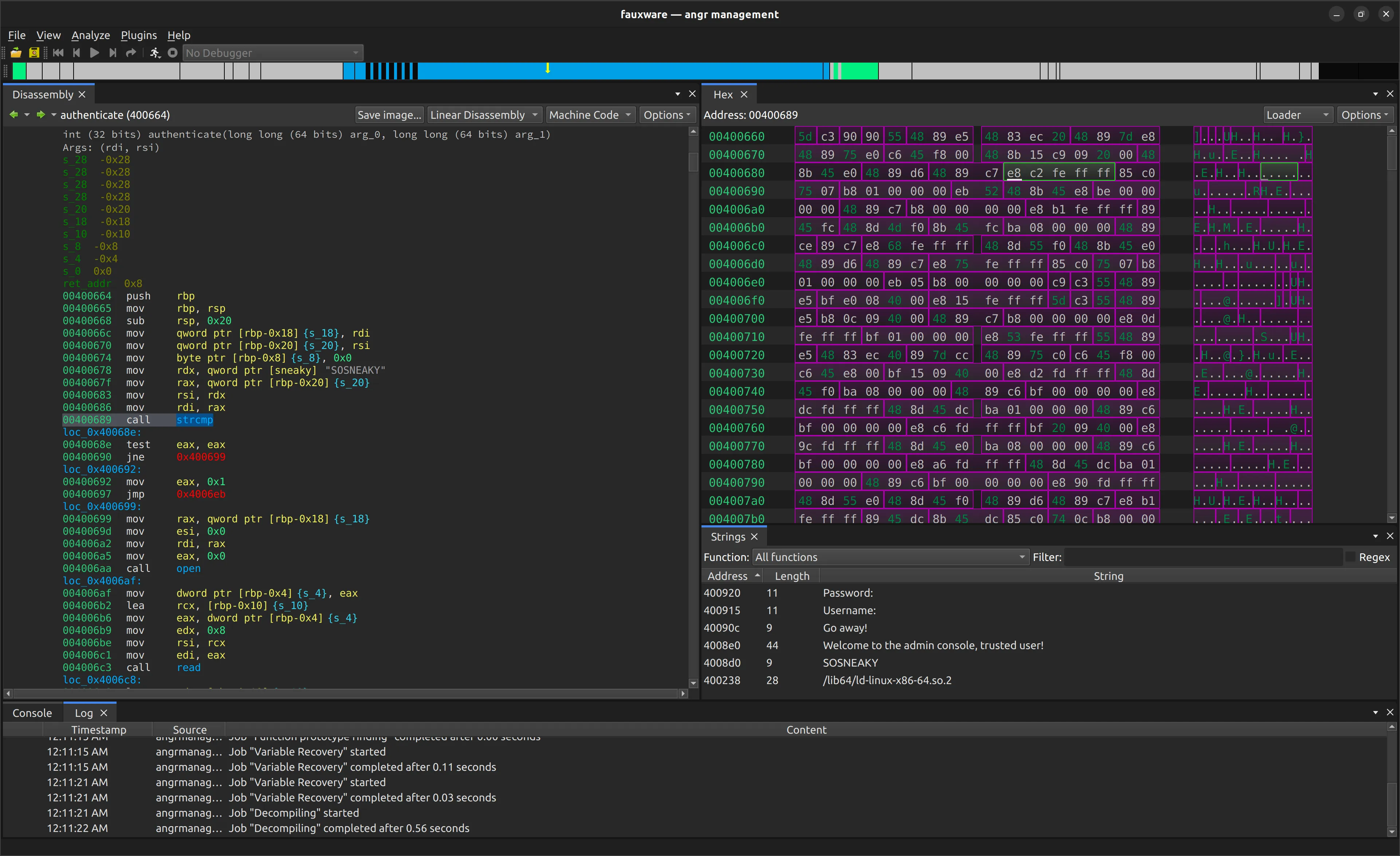 angr-management showing a disassembly view alongside a hex view and recovered strings