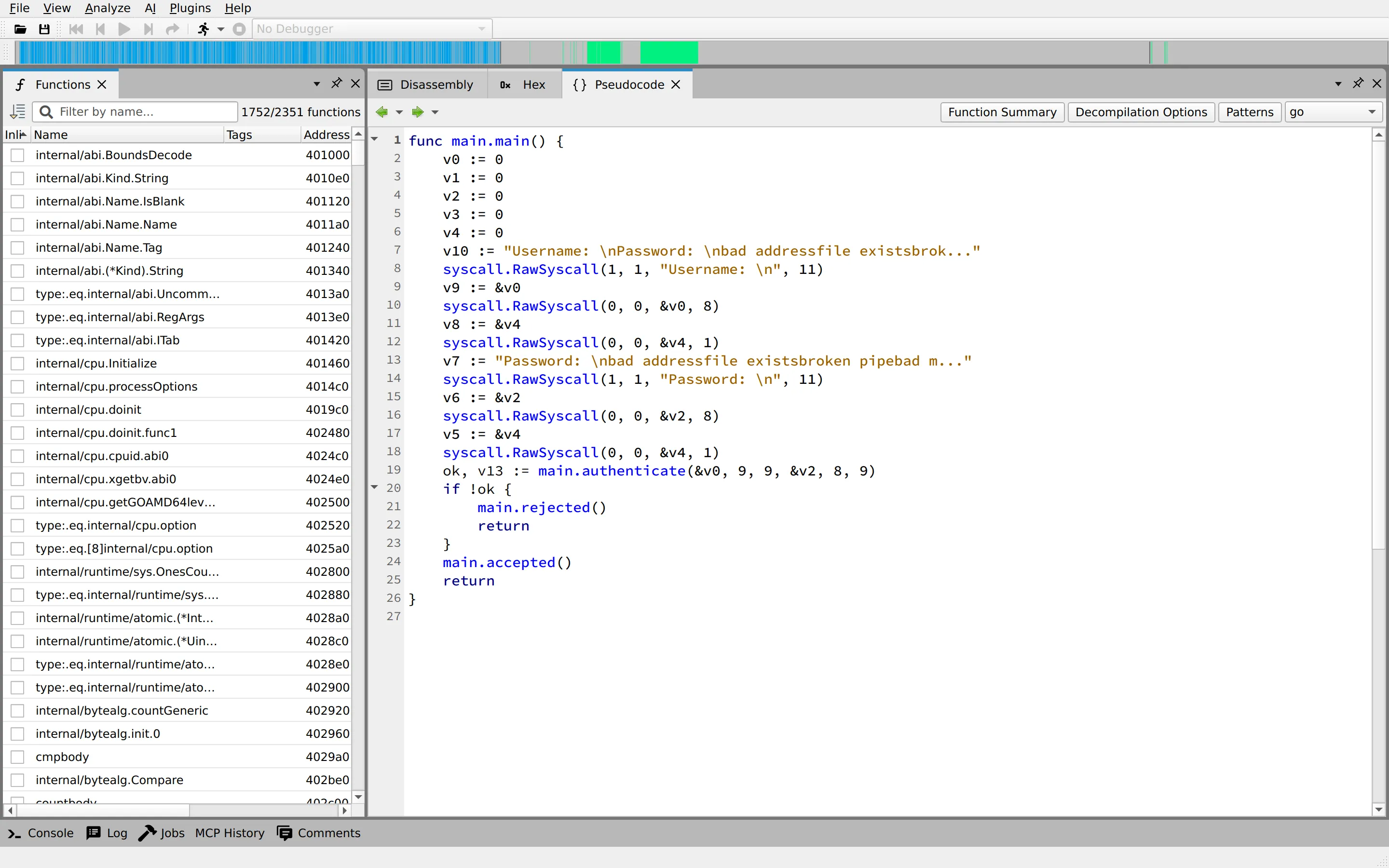angr-management decompilation view of fauxware built from Go