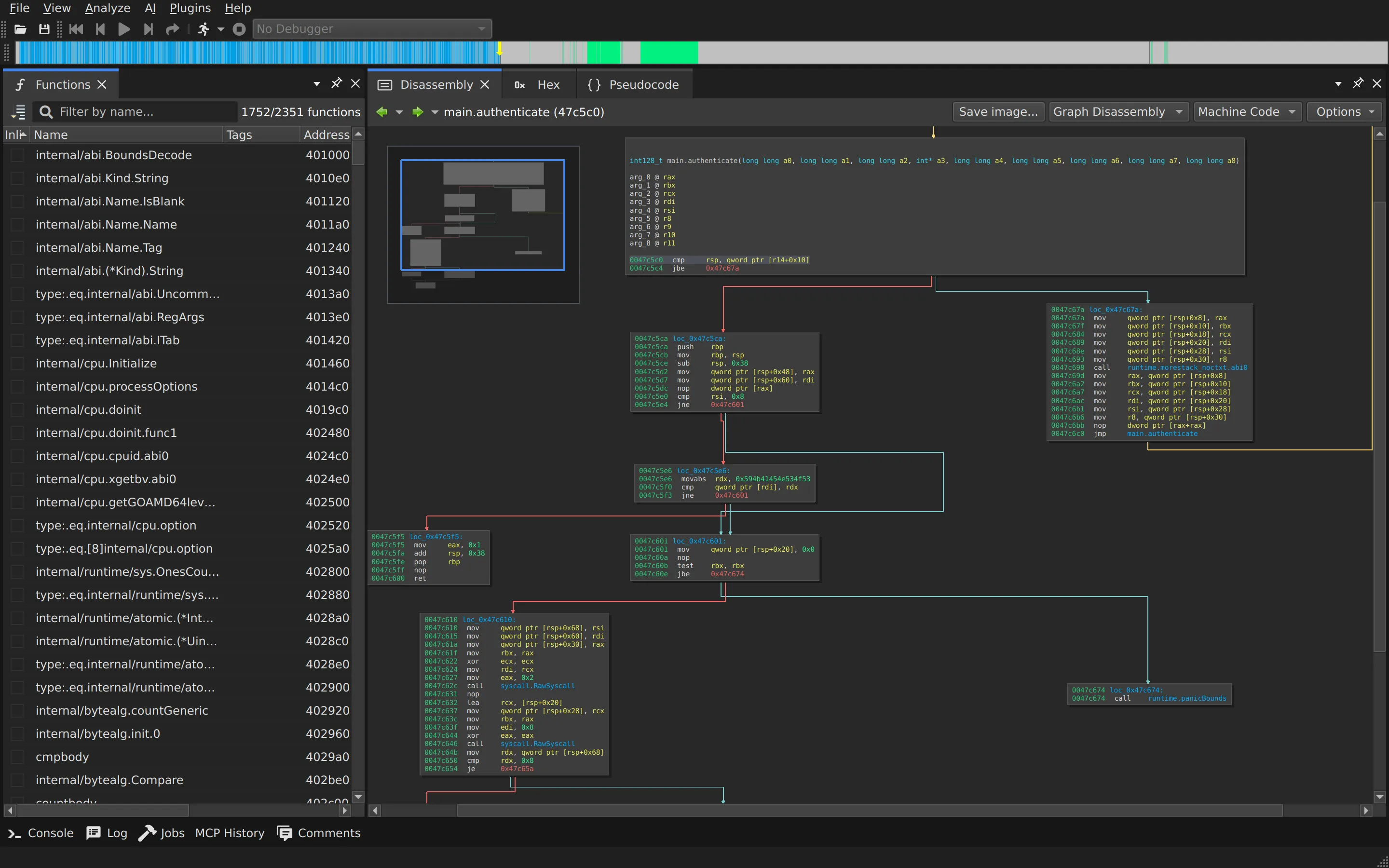 angr-management disassembly view of fauxware built from Go