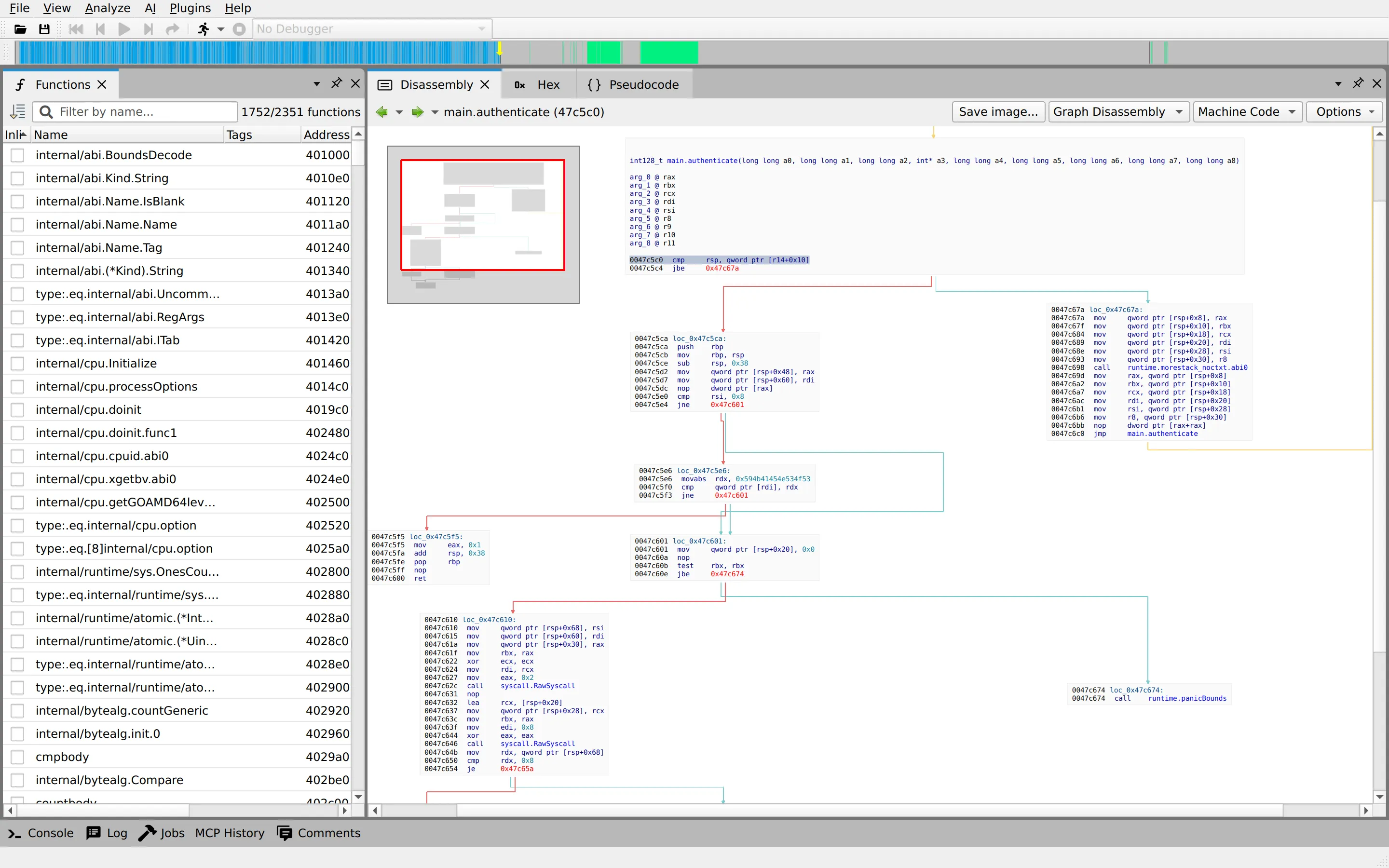 angr-management disassembly view of fauxware built from Go