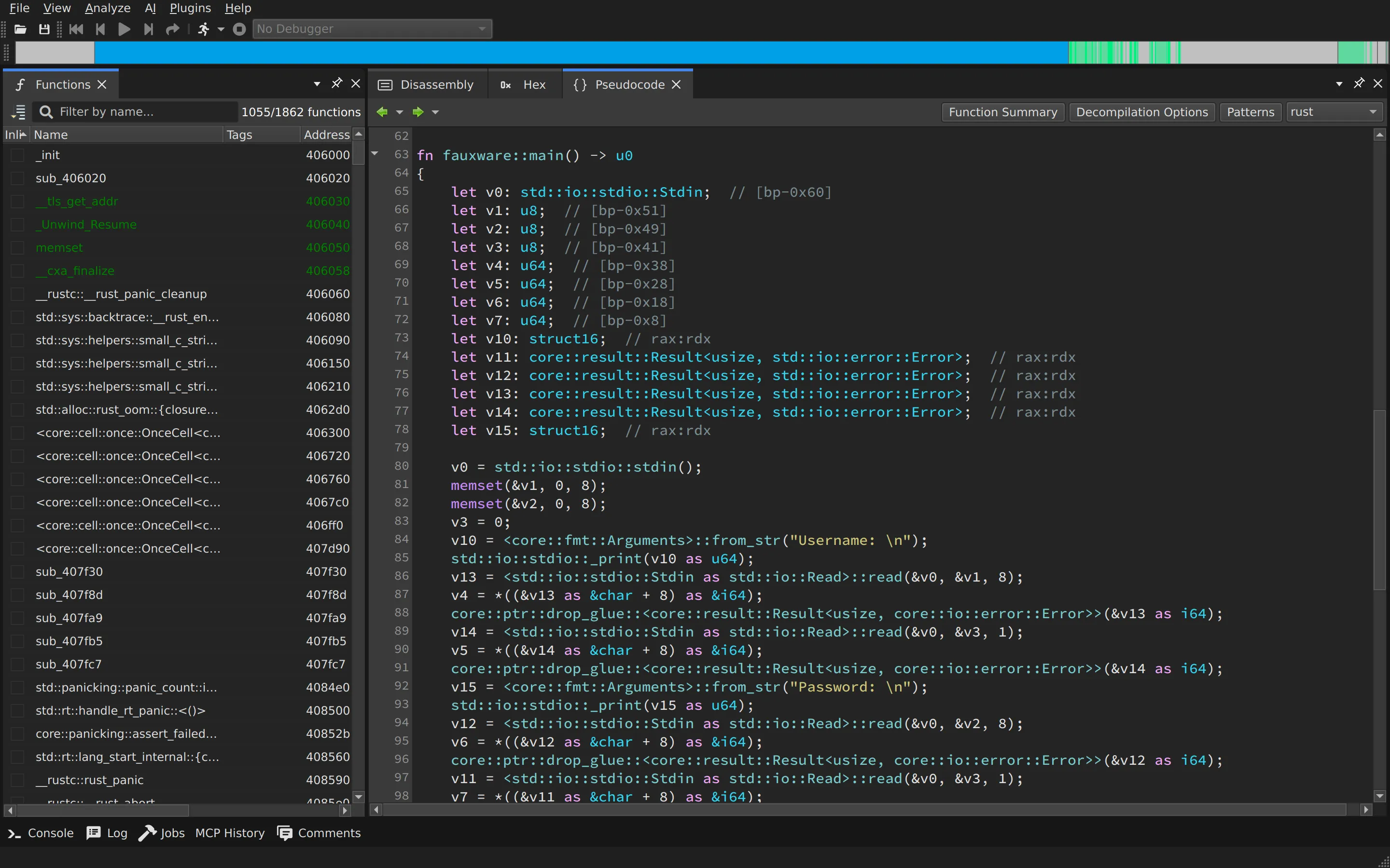angr-management decompilation view of fauxware built from Rust