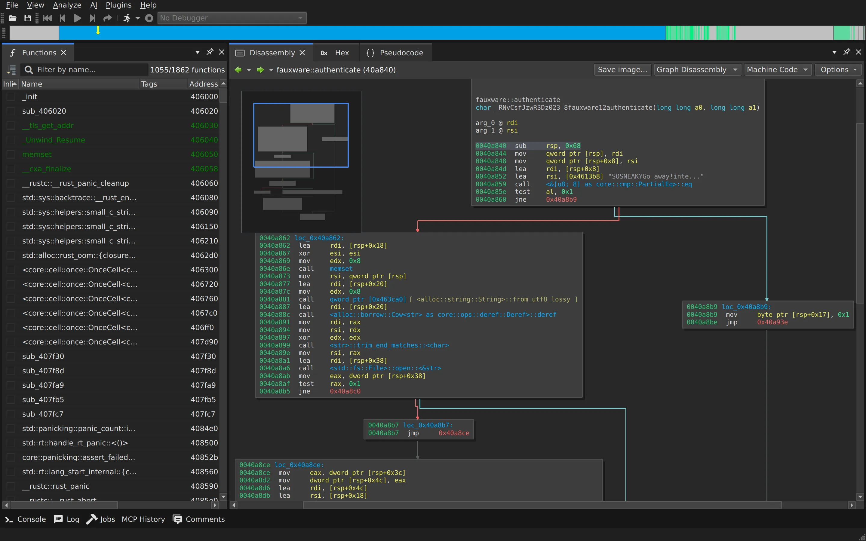 angr-management disassembly view of fauxware built from Rust