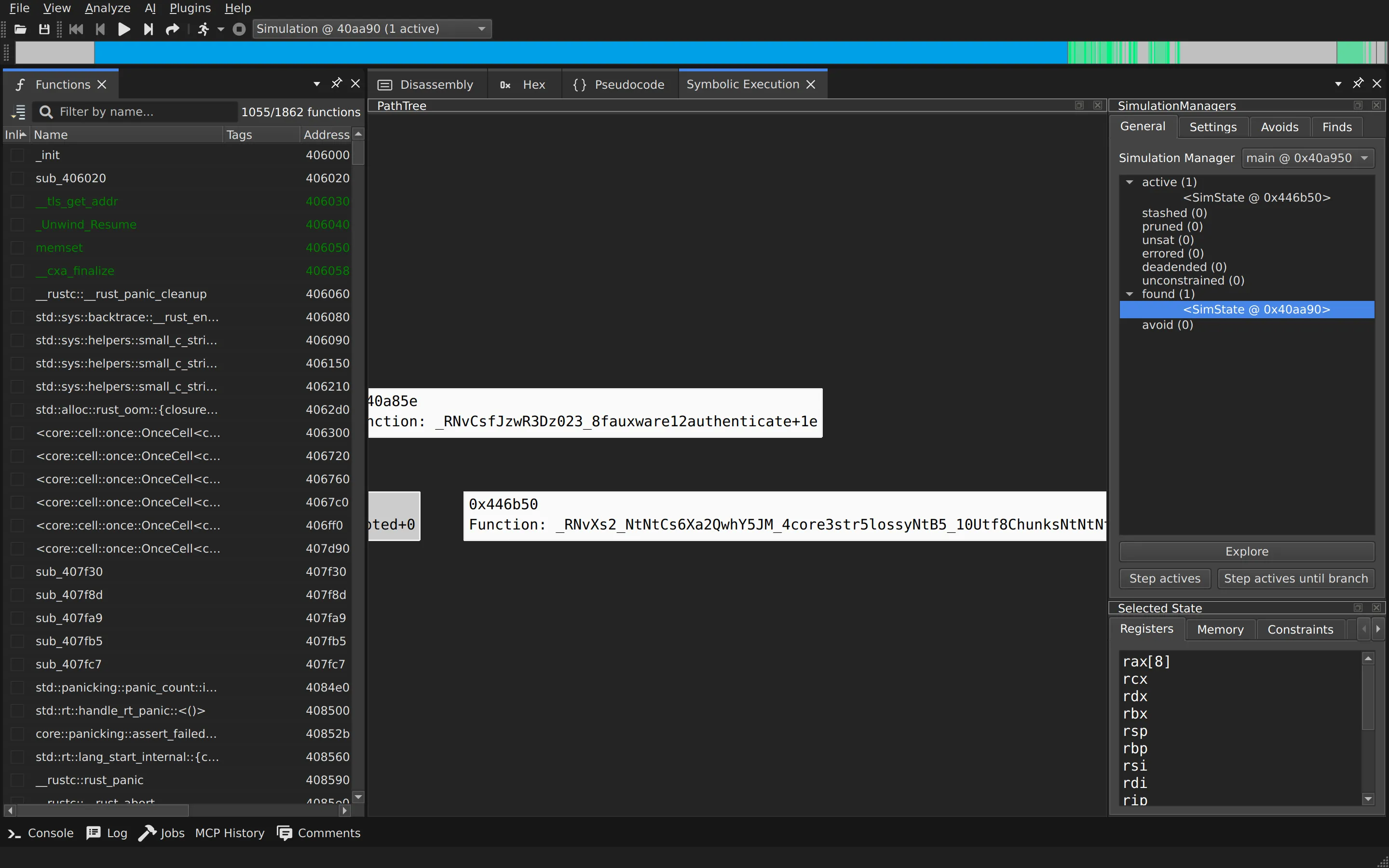 angr-management symbolic execution view of fauxware built from Rust