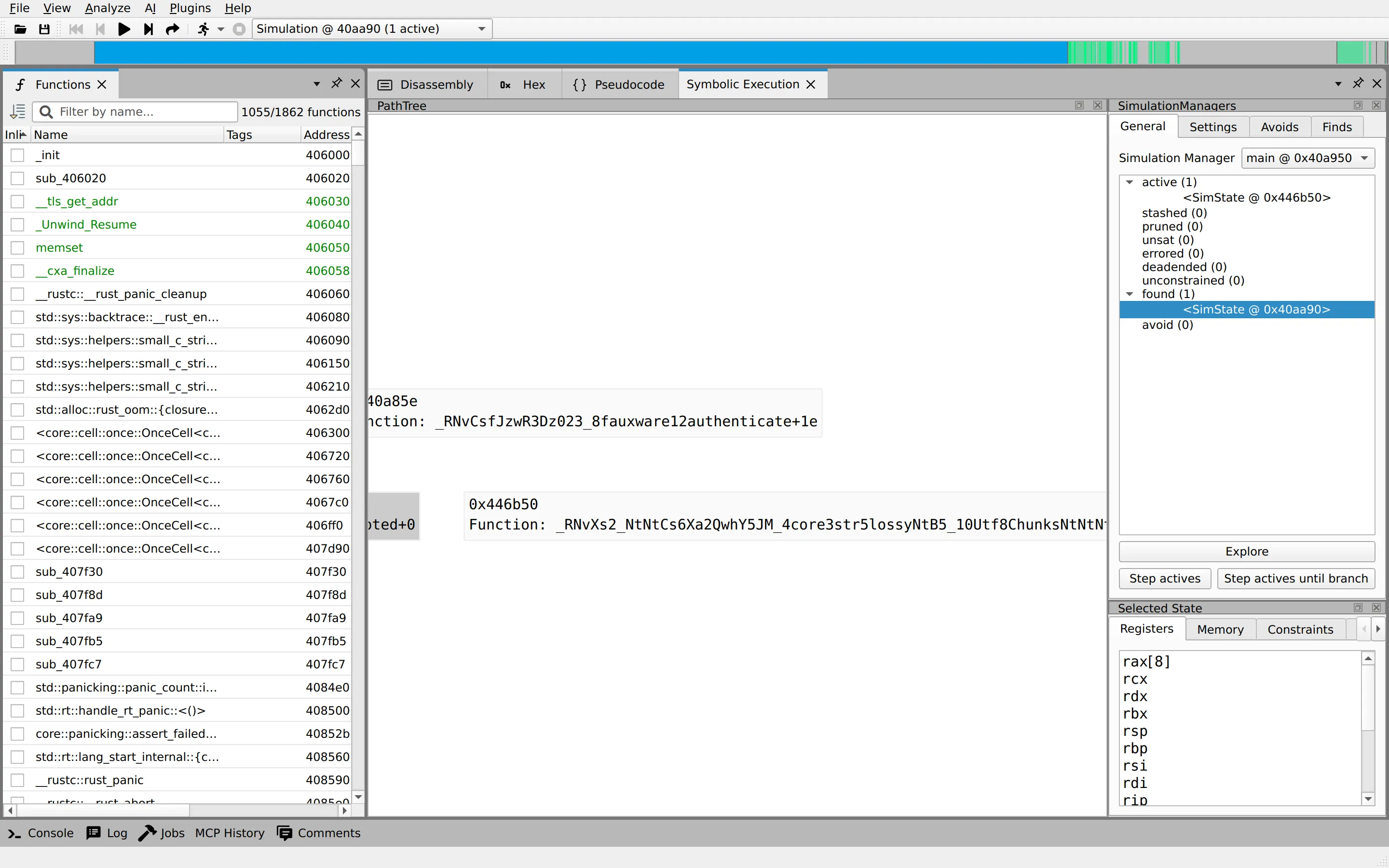 angr-management symbolic execution view of fauxware built from Rust